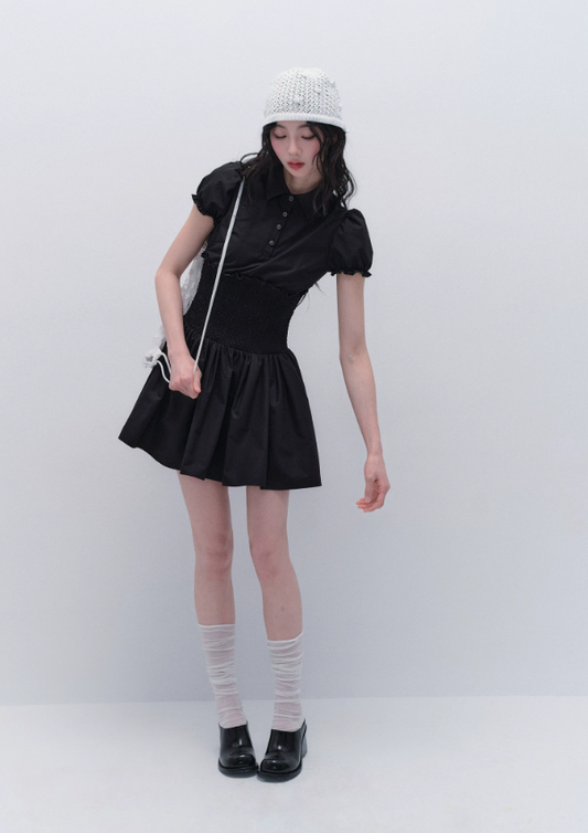 Black Polo Style Mini Dress Women With Puff Sleeves And Smocked Waist R9447