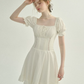 White French Style Mini Dress Women With Puff Sleeves And Lace Inset R9471