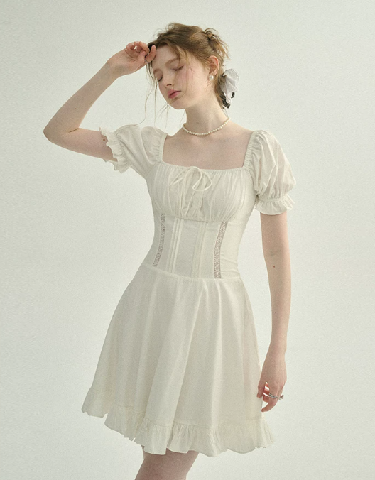 White French Style Mini Dress Women With Puff Sleeves And Lace Inset R9471
