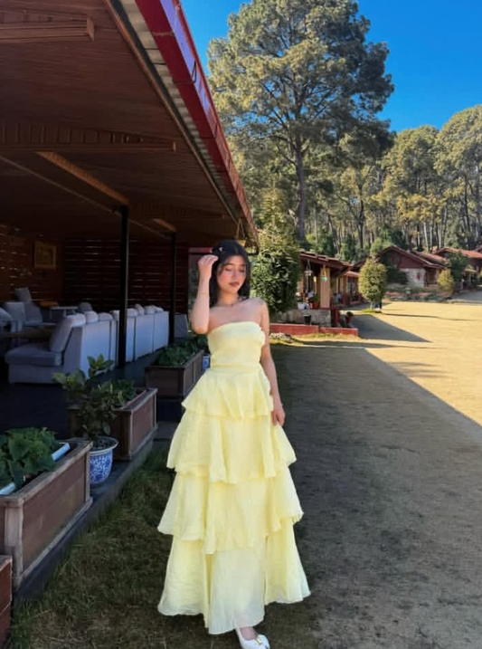 Vibrant Chiffon Ruffled Prom Gown Pastel Yellow Women's Corset Maxi Evening Dress Birthday Dress RS2919