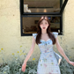 Gingham Floral Print A-Line Dress with Ruffle Shoulders and Lace Neckline R9226