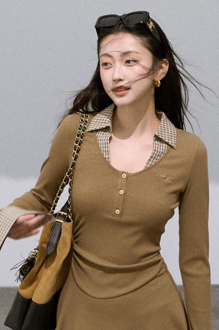 Korean Style Slim Fit Long Sleeve Mini Dress with Plaid Contrast and A-Line Skirt R9368