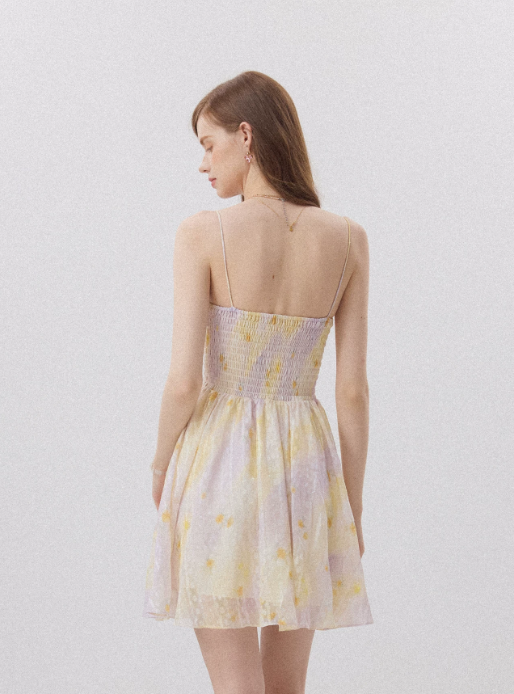 Pastel Yellow Floral Print Cami Mini Dress Women With Smocked Waist And Tie Straps R9491