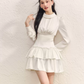 White High Neck Tiered Dress Women With Long Sleeves And Waist Cinched Design R9397