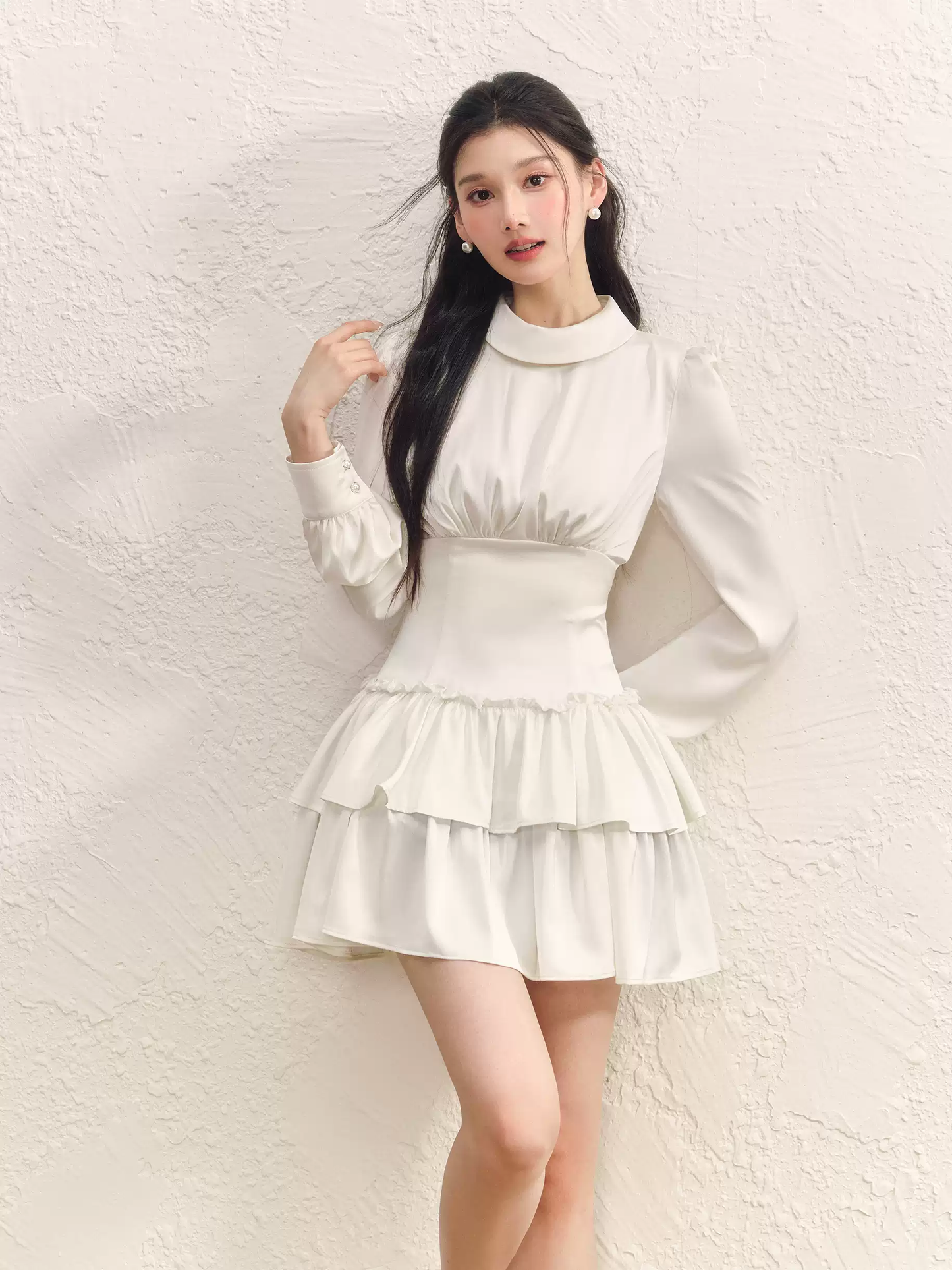 White High Neck Tiered Dress Women With Long Sleeves And Waist Cinched Design R9397