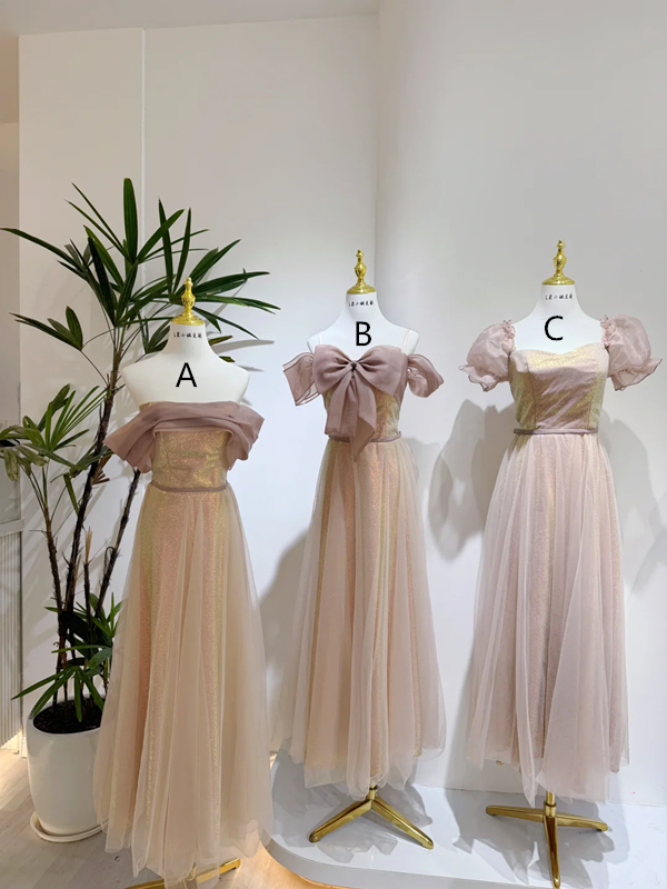 Pink tulle dress with gold lining, waist-cinched slim-fit ball gown, bridesmaid dress R5929