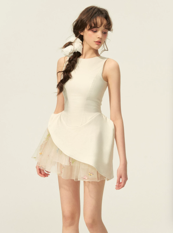 White Sleeveless Peplum Dress with Sheer Embroidered Tulle Underskirt R9220