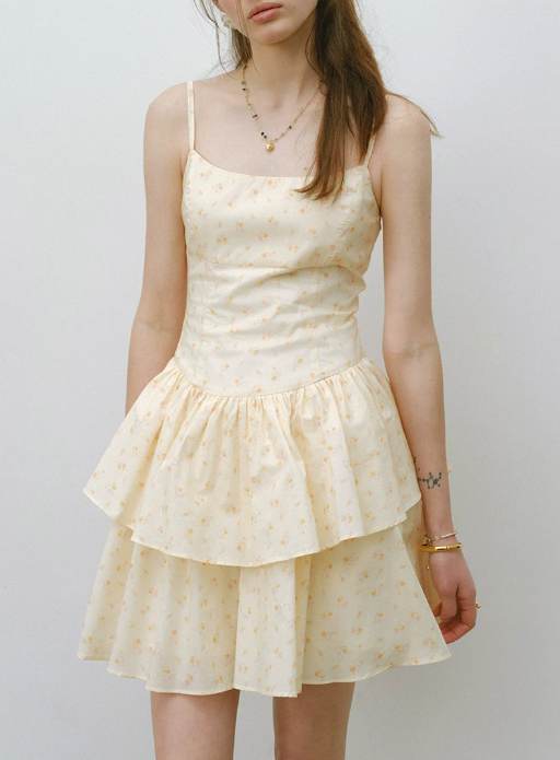 Yellow Ditsy Floral Cami Mini Dress Women With Tiered Ruffle Skirt R9474