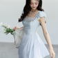Light Blue Floral Embroidered Mini Dress Women With Lace Trim And Puff Sleeves R9414