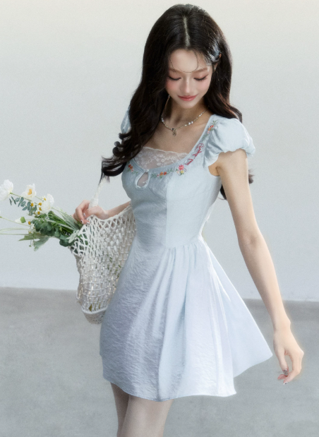 Light Blue Floral Embroidered Mini Dress Women With Lace Trim And Puff Sleeves R9414