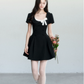 Black Hepburn Style Mini Dress Women With Square Neck And White Bow Detail R9408