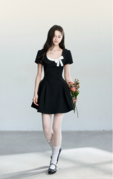 Black Hepburn Style Mini Dress Women With Square Neck And White Bow Detail R9408