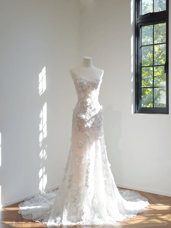 Off-white strapless fitted waist bodycon long ball gown, bridal dress R8453