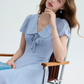 Light Blue Peter Pan Collar Mini Dress Women With Puff Sleeves And Bow Detail R9486
