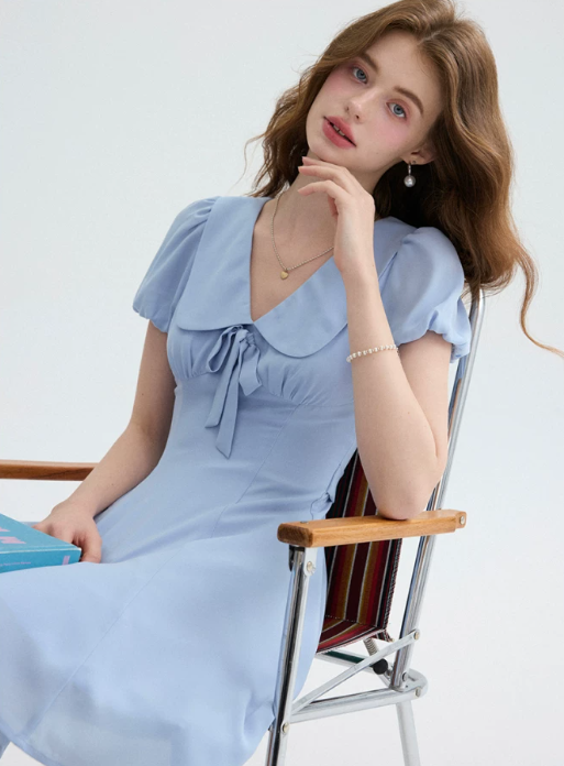 Light Blue Peter Pan Collar Mini Dress Women With Puff Sleeves And Bow Detail R9486