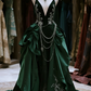 Dark green strappy V-neck satin waist slim A-line maxi ball gown R6067