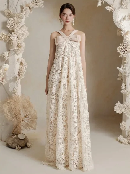 Off-white cross-over halter neckline lace straight maxi dress for homecoming R4835