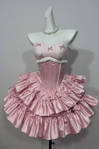 Cute Blush Pink Ruffled A-Line Strapless Tiered Bodycon Mini Birthday Dress Homecoming Dress RS359