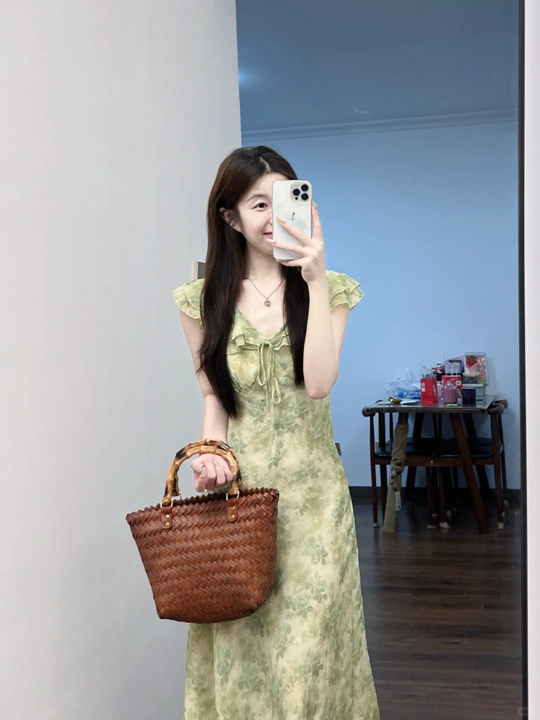 Green Floral Ruffle Trim Midi Dress R9122