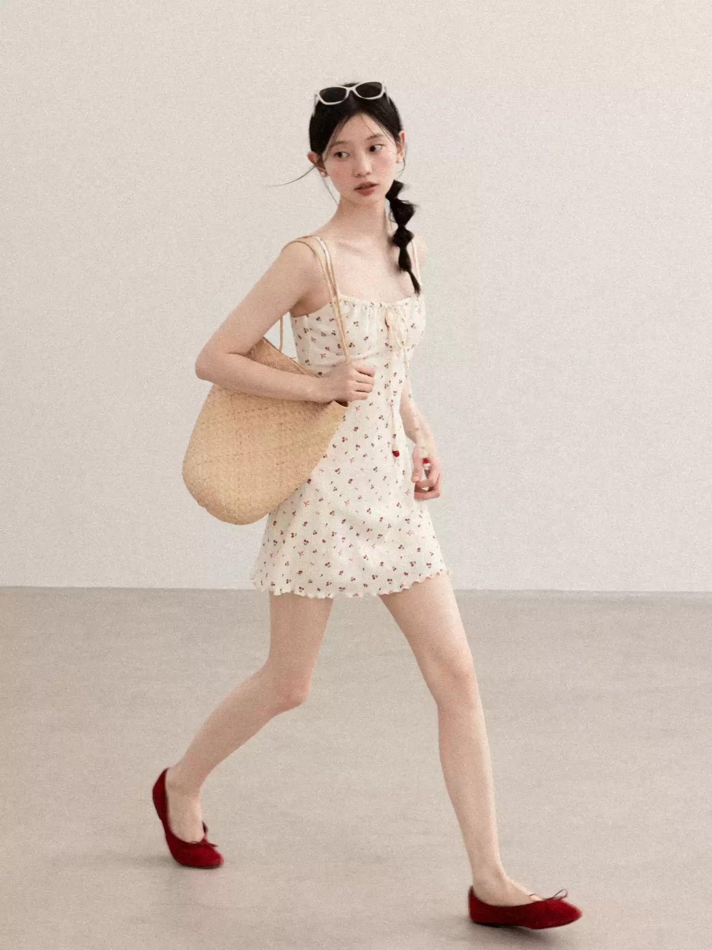 Soft Cherry Print Cami Dress with Ruffled Hem R9170