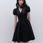 Black Satin V Neck Mini Dress Women With Puff Sleeves And Bow Detail R9437