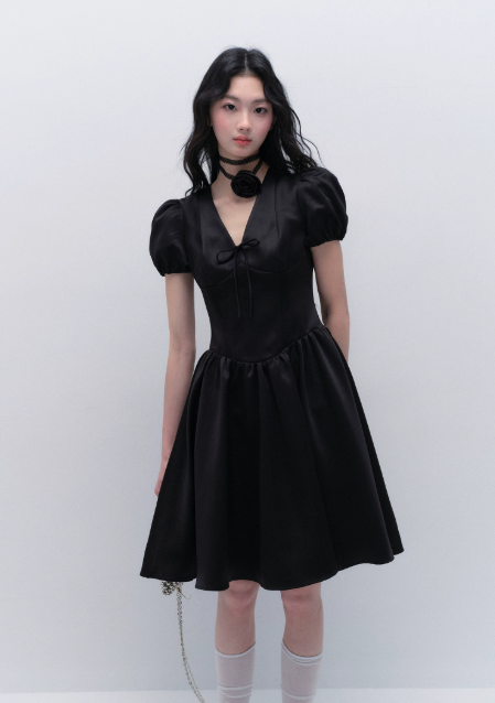 Black Satin V Neck Mini Dress Women With Puff Sleeves And Bow Detail R9437