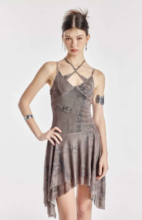 Khaki Halter Mesh Dress Women With Asymmetrical Hem And Matching Arm Sleeves R9388