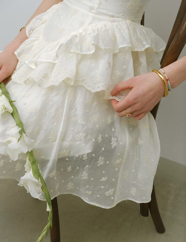 Cream White Tiered Ruffle Mini Dress Women With Sweetheart Neckline R9480