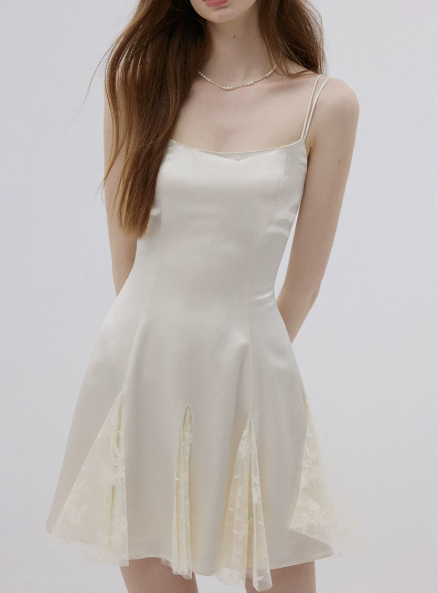 Cream White Satin Slip Mini Dress Women With Lace Inset Flounce Hem R9470