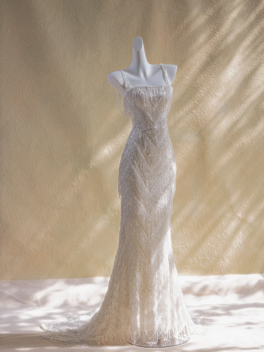 Apricot strappy tassel waist slim hip long dress bridal dress R5775