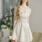 Cream White Halter Mini Dress with Jacquard Fabric, Bow Detail, Open Back and Flared Skirt R9261