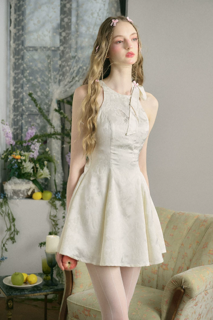 Cream White Halter Mini Dress with Jacquard Fabric, Bow Detail, Open Back and Flared Skirt R9261