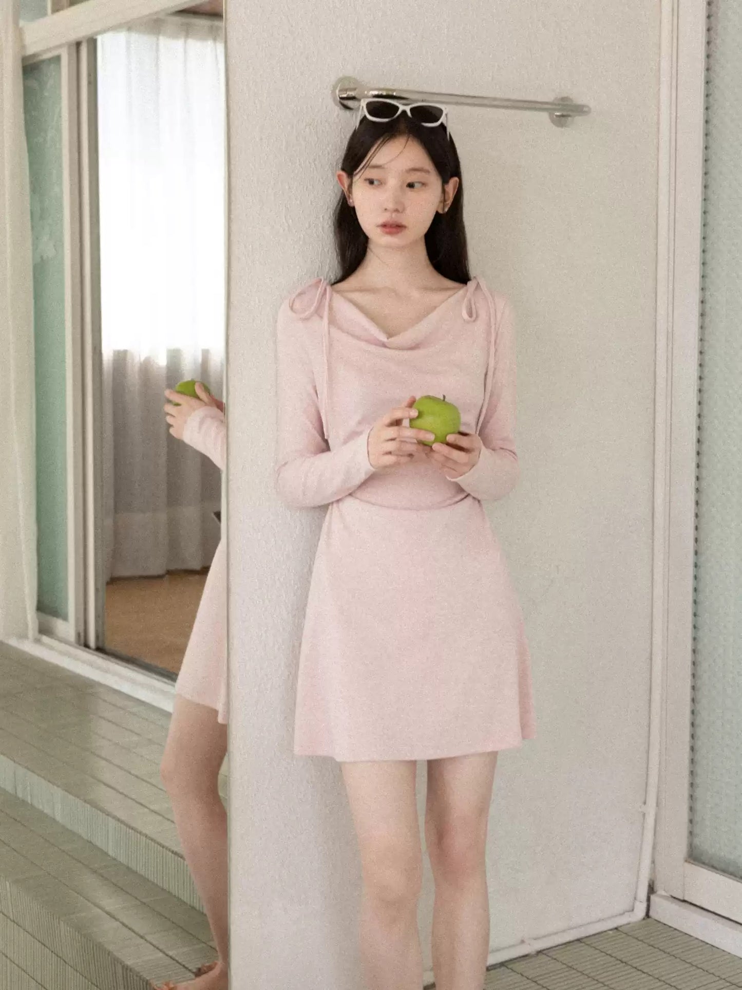 Dusty Pink Cowl Neck Long Sleeve Dress with Shoulder Ties R9174