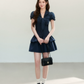 Navy Blue Puff Sleeve Dress with Neck Tie, Button Front and Tiered Skirt R9223