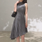Grey Turtleneck Sleeveless Midi Dress Women Diagonal Ruched Asymmetrical Hem Dress R9357