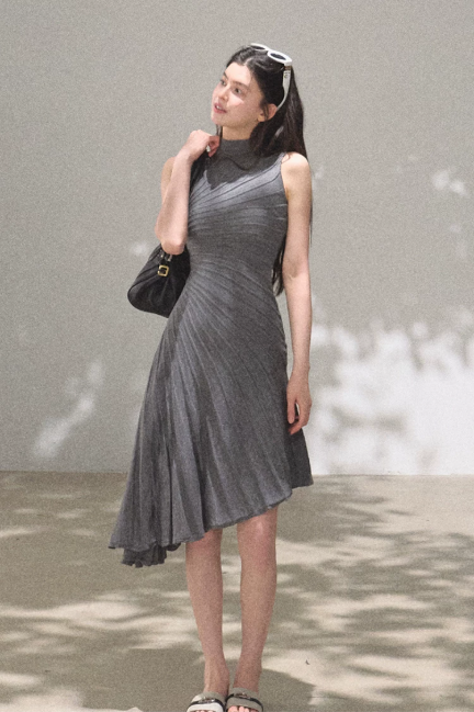Grey Turtleneck Sleeveless Midi Dress Women Diagonal Ruched Asymmetrical Hem Dress R9357