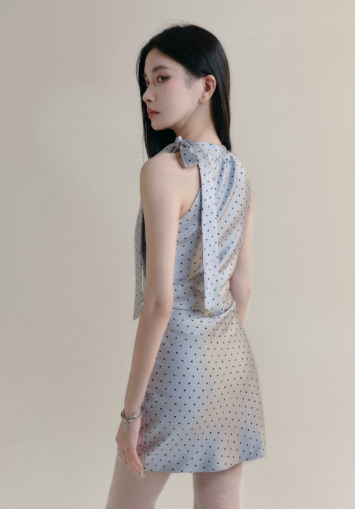 Grey Polka Dot Halter Neck Mini Dress Women With Bow Tie And Ruched Waist R9435