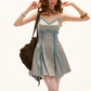 Gray & Blue Contrast Lace Patchwork Cami Dress High Waist Flare Dress R9348