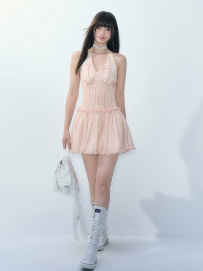 Y2K Style Light Pink Striped Halter Dress High Waist Slim Fit Party Dress R9353