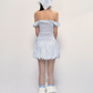 Blue Gingham Off-Shoulder Mini Dress with Ruffled Neckline, Smocked Back, Bubble Hem R9253