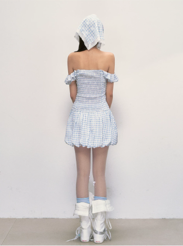 Blue Gingham Off-Shoulder Mini Dress with Ruffled Neckline, Smocked Back, Bubble Hem R9253