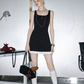 Classic Y2K Black Bodycon Tank Dress With White Hem And Waffle Texture R9319