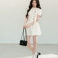 Fitted Polka Dot Flounce Dress with Neck Ribbon and Button Accents R9218