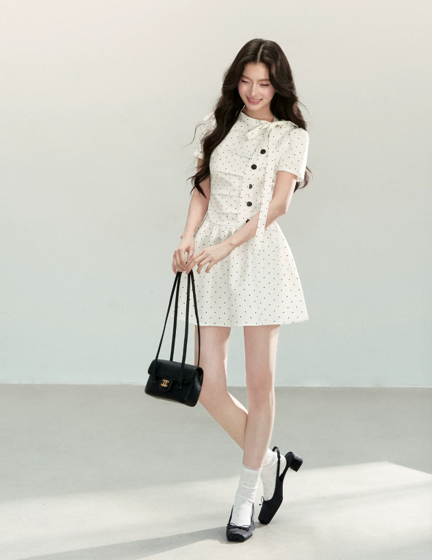 Fitted Polka Dot Flounce Dress with Neck Ribbon and Button Accents R9218
