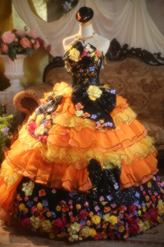 Orange Strapless Waist-Cinched 3D Floral Puff-Skirt Long Ball Gown & Bridal Gown R7369