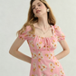 Pink Floral Print Mini Dress Women With Puff Sleeves And Square Neck R9481