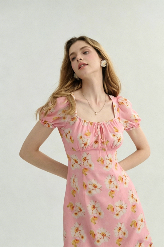 Pink Floral Print Mini Dress Women With Puff Sleeves And Square Neck R9481