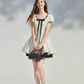 White Polka Dot Mini Dress Women With Black Bow Detail And Puff Sleeves R9396