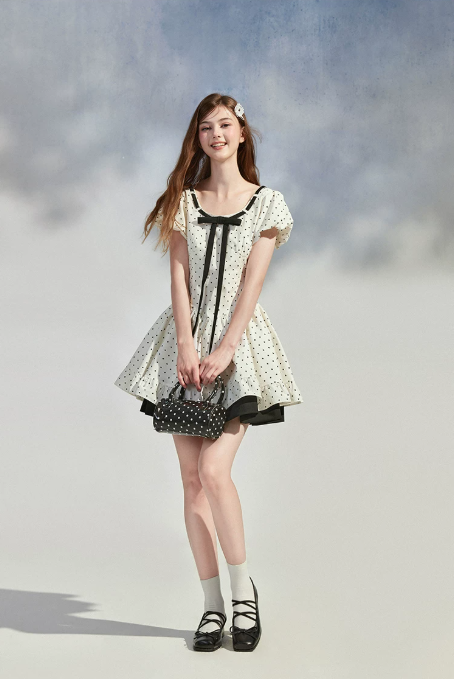 White Polka Dot Mini Dress Women With Black Bow Detail And Puff Sleeves R9396