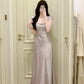 French Elegant Square Neck Satin Slip Dress R9124